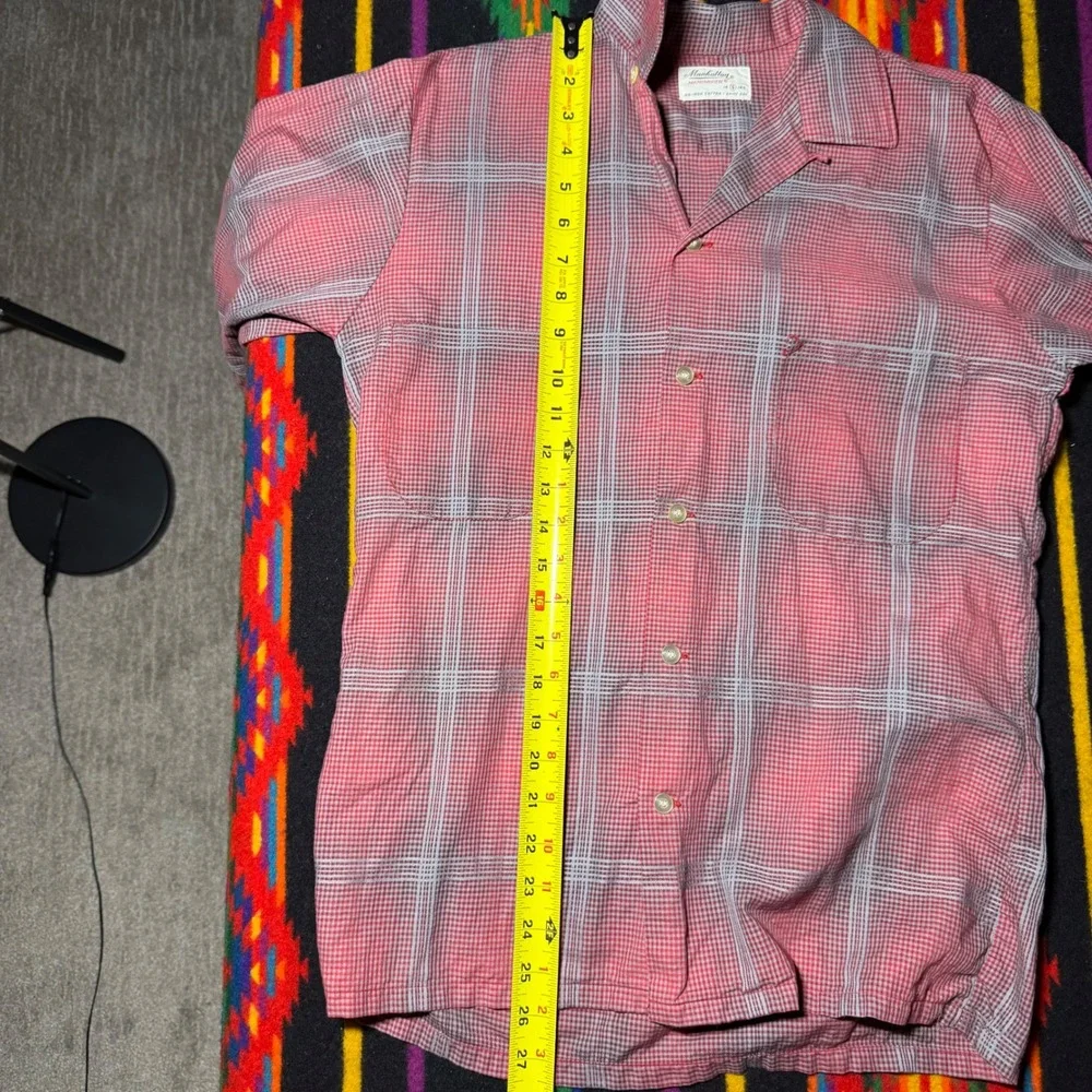 VTG 60s Manhattan Mansmooth Red Shadow Plaid Loop Collar Cotton Shirt Mens Small